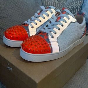 Orange and Gray Christian Louboutins (US Size 10.5).       Orange Louboutin Belt